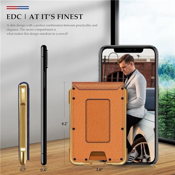 Tactical Bifold Wallets for Men Saffiano Orange & Gold - Picture 3 of 6